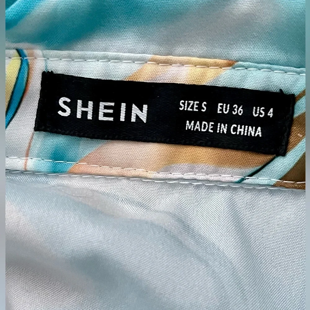SHEIN Blue Marble Print Satin Button Up Blouse - Size Small - Picture 10 of 10